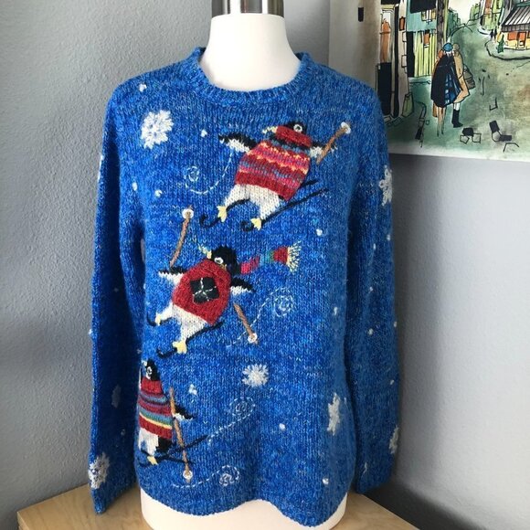Embroidered Skiing Penguins & Snowflakes Holiday Wool Sweater - Picture 1 of 14